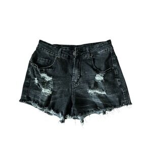 Ripped Denim Shorts Frayed Hem‎ Distressed Black Wash Juniors Women's